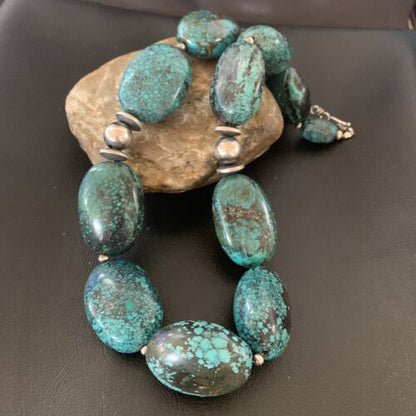 Chunky Navajo Pearl Graduated Turquoise Necklace | Sterling Silver | Authentic Native American Jewelry | 21" | 11904