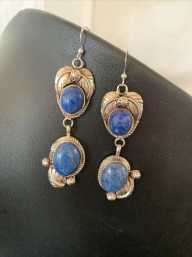 Native American Navajo Denim Lapis Dangle Earrings | Sterling Silver | 2" | 1679