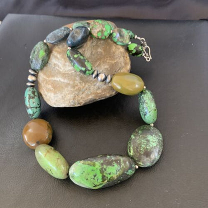 Navajo Sterling Silver Graduated Green Nugget Turquoise Necklace | Authentic Native American | 21" | 10726
