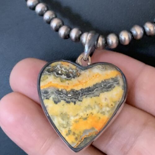 Navajo Heart Yellow Bumblebee Jasper Pendant | Sterling Silver Necklace | Authentic Native American Handmade | 12813