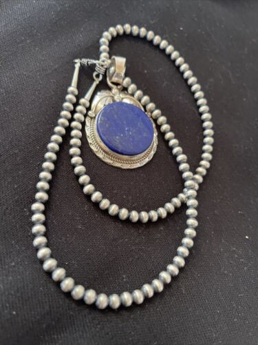 Native American Men's Necklace | Sterling Silver Navajo Pearls with Blue Lapis Pendant | 1525