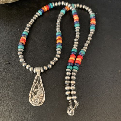 Navajo Multi-Color Turquoise Mother of Pearl Necklace Inlay Pendant | Sterling Silver | 13886