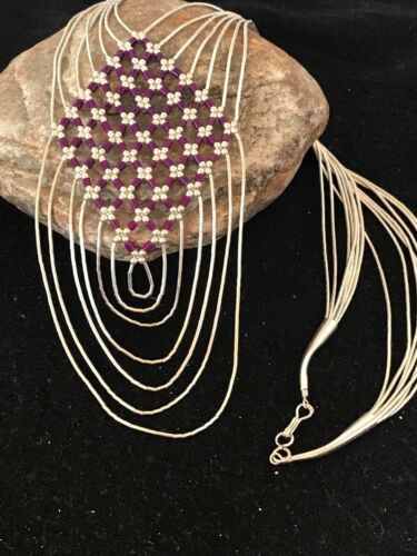 Native American Sugilite Heishi Tubes Necklace | 7 Strand Liquid Sterling Silver | 8560
