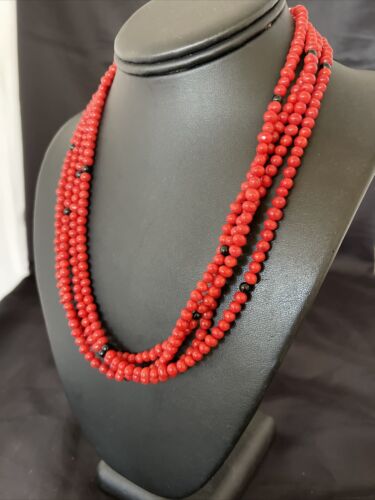Native American Navajo 4S Red Coral Onyx Sterling Silver Necklace 10302