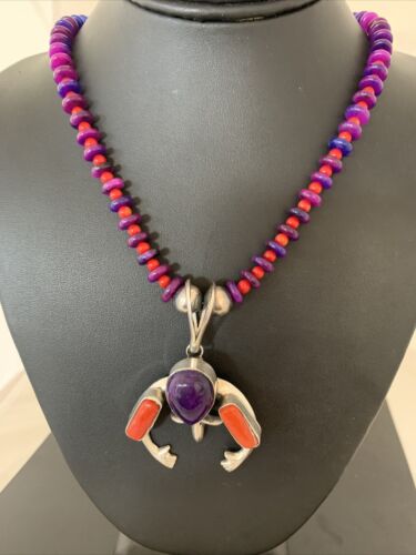 Navajo Sterling Silver Necklace with Purple Sugilite and Red Coral Naja Pendant | Authentic Native American Handmade | 02150