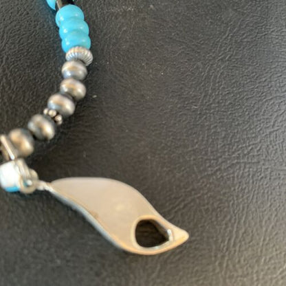 Navajo Blue Turquoise Onyx Inlay Pendant Necklace | Sterling Silver | Authentic Native American Handmade | 13846
