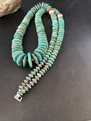 Navajo Turquoise Spiny Oyster Necklace | Sterling Silver | Authentic Native American | 32" | 14362