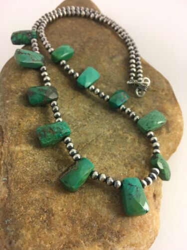 Navajo Faceted Teardrop Green Turquoise Necklace | Sterling Silver | 20" | Authentic Native American Handmade | 8867