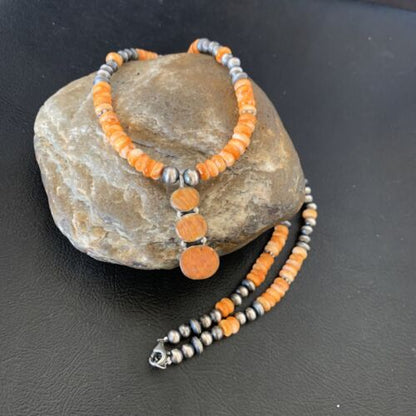 Navajo Pearls Necklace with Orange Spiny Oyster Pendant | Authentic Native American Sterling Silver | Multi-Stone | 12370