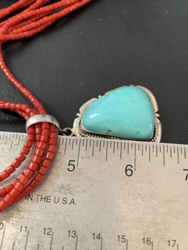 Navajo Red Coral Turquoise Bead Necklace Pendant | Sterling Silver | Multi-Strand | 1953