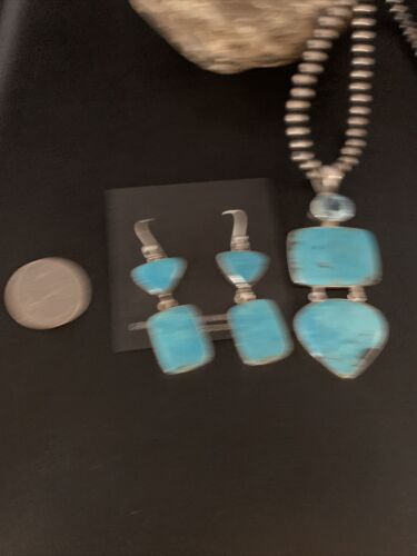 Navajo Blue Topaz Turquoise Necklace Earrings Set | Sterling Silver | 3" Pendant | Authentic Native American Handmade | 14098