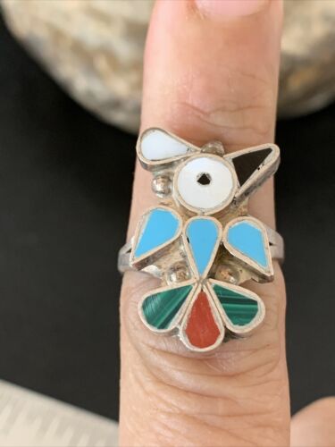 Zuni Peyote Bird Inlay Ring | Sterling Silver | Coral, Turquoise, Onyx, Mother of Pearl | Sz 6.5 | 10791
