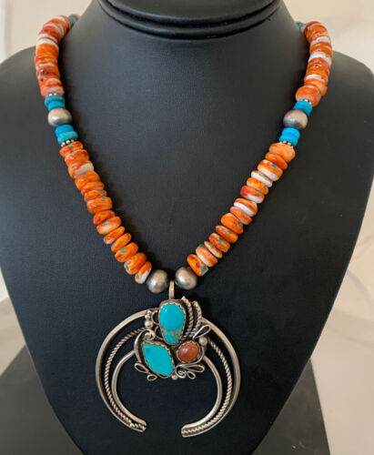 Navajo Turquoise & Spiny Oyster Naja Pendant Necklace | Sterling Silver Navajo Pearls | 1020
