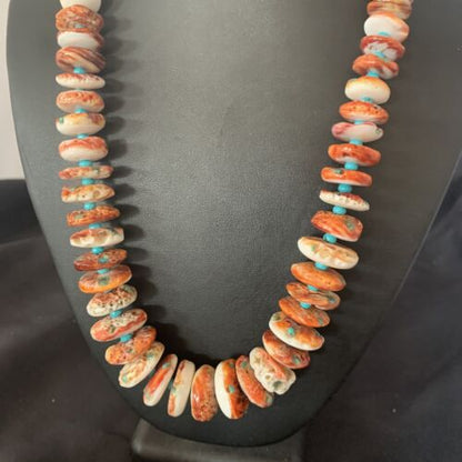 Navajo Turquoise & Red Spiny Oyster Necklace | Sterling Silver | Authentic Native American | 24" | 12734