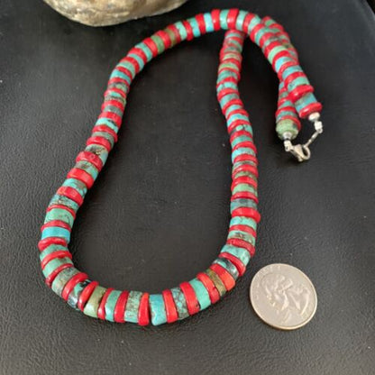 Southwestern Men's Heishi Turquoise Coral Necklace | Sterling Silver | Authentic Native American Handmade | 23" | 13927
