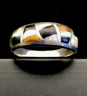 Navajo Sterling Silver Opal, Black Onyx & Tigers Eye Inlay Ring | Sz 11 | Authentic Native American Handmade | 01602