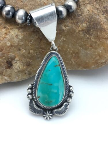 Navajo Green Turquoise Pendant Necklace | Sterling Silver | Authentic Native American Handmade | 2645