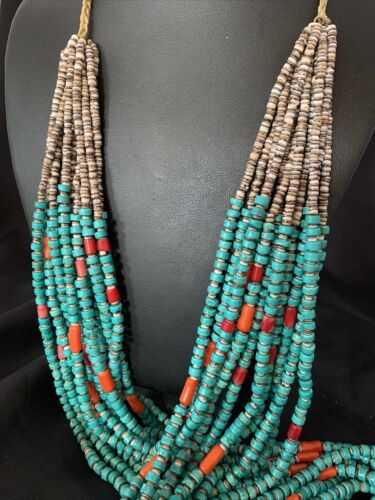 Southwestern Santo Domingo Coral Spiny Blue Turquoise Necklace | 38" | Authentic Native American Handmade | 12050