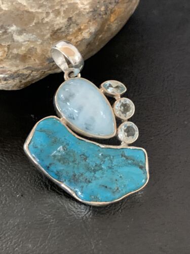 Navajo Blue Topaz Turquoise Pendant | Sterling Silver | 2" | Authentic Native American Handmade | 10832