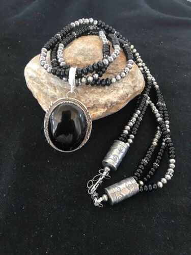 Navajo Pearls Black Onyx Pendant Necklace | Sterling Silver | 3 Strand| 23" | 8143