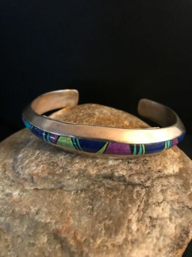 Mens Navajo Sterling Silver Turquoise Sugilite Lapis Inlay Bracelet Gift 11703