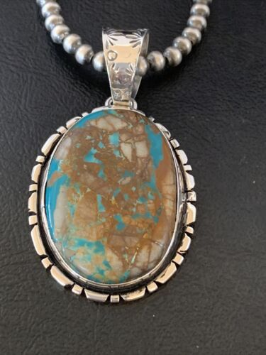 Navajo Pearls Necklace with Blue Royston Turquoise Pendant | Sterling Silver | Authentic Native American Handmade | 10629