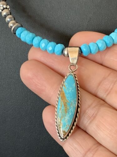 Navajo Blue Faceted Turquoise Pendant Necklace | Sterling Silver | Authentic Native American Handmade | 563 - Masha USA