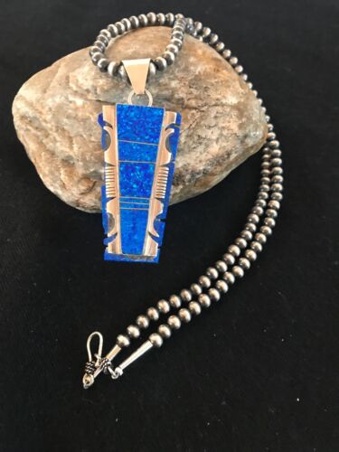 Authentic Native American Navajo Pearls Bead Necklace | Sterling Silver with Blue Opal Pendant | 8281