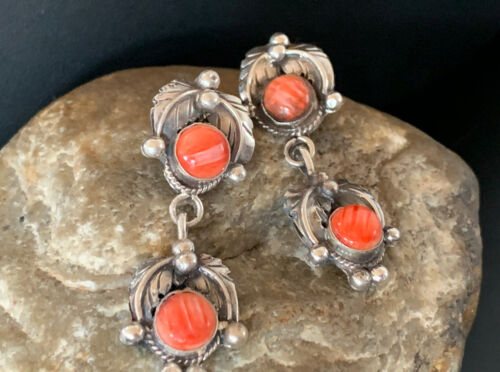 Native American Handmade Navajo Red Spiny Oyster Dangle Earrings | Sterling Silver | 2064
