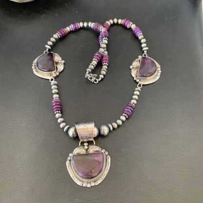 Navajo Pearls Sterling Silver Purple Sugilite Bead Necklace with 3 Pendants | 10869