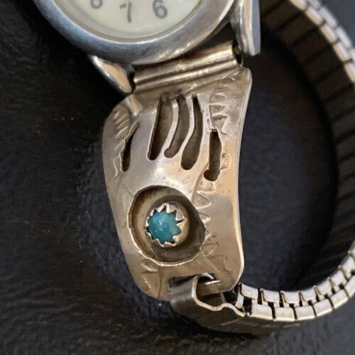 Women's Navajo Sterling Silver Watch Tips with Blue Turquoise | Bear Paw Design | Authentic Native American Jewelry | 13692