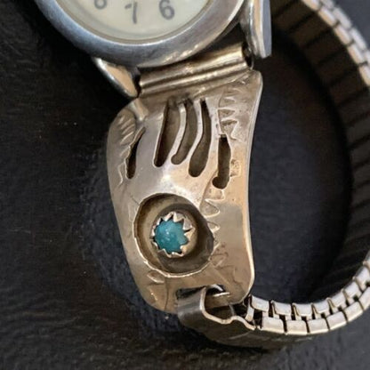 Women's Navajo Sterling Silver Watch Tips with Blue Turquoise | Bear Paw Design | Authentic Native American Jewelry | 13692