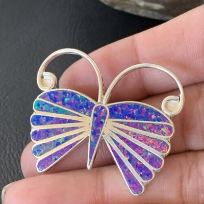 Zuni Purple Opal Butterfly Necklace Pin Pendant | Sterling Silver | Authentic Native American Handmade | 11974