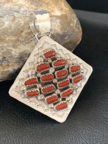 Navajo Red Coral and Multi-Stone Cluster Pendant | Authentic Native American Sterling Silver | 2" | 2101