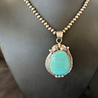 Navajo Blue Turquoise #8 Pendant Necklace | Sterling Silver | Authentic Native American Handmade | 14311