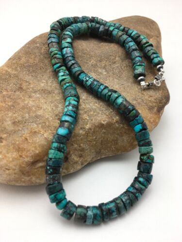 Native American Green Turquoise Heishi Bead Necklace | 10mm Sterling Silver | 20" | 4357