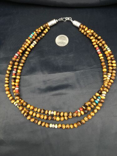 Southwestern Turquoise & Tiger's Eye Necklace | 3 Strand | Sterling Silver | 2616
