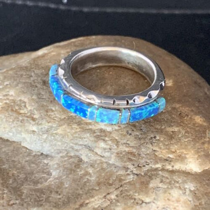 Navajo Blue Opal Inlay Ring | Sterling Silver | Sz 9 | Authentic Native American Handmade | Yazzie | 13533