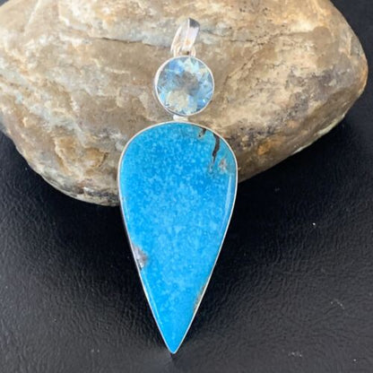 Navajo Blue Topaz Turquoise Pendant | Sterling Silver | 3" | Authentic Native American Handmade | 10709