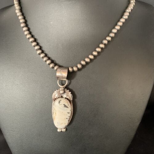 Men's Navajo Pearl White Buffalo Turquoise Sterling Necklace Pendant | 13752