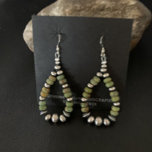 Navajo Green Turquoise Earrings | Sterling Silver | Native American Pearls Bead | 2" | 12889