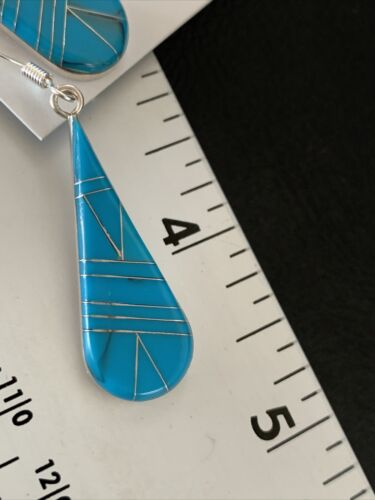 Navajo Blue Turquoise Inlay Dangle Drop Earrings | Sterling Silver | 1.5" | 12310