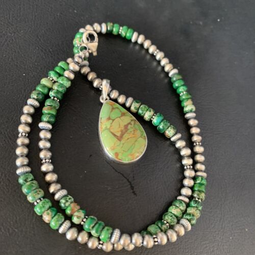 Navajo Green Mojave Turquoise Pendant Necklace | Sterling Silver | Native American Handmade | 13461