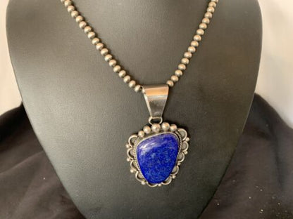 Native American Navajo Blue Lapis Pendant Necklace | Sterling Silver | Authentic Handmade | 11849 - Masha USA