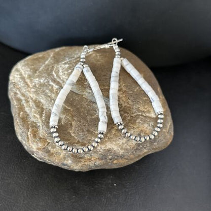 Navajo White Howlite Heishi Dangle Earrings | Sterling Silver | 2" | Authentic Native American Handmade | 14480