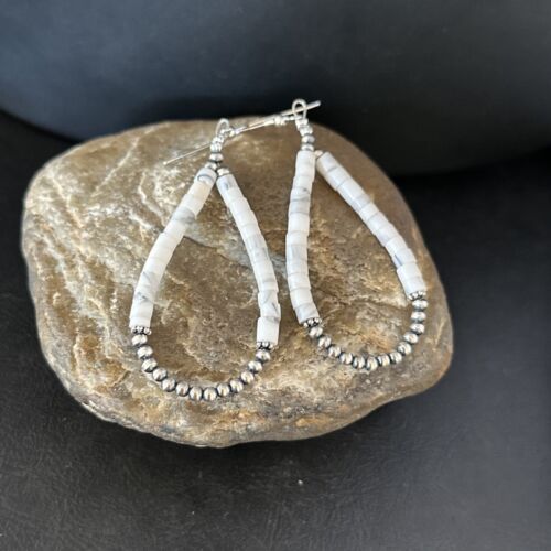 Navajo White Howlite Heishi Dangle Earrings | Sterling Silver | 2" | Authentic Native American Handmade | 14480