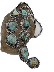 Navajo Sterling Silver Lariat Necklace | Royston Turquoise Squash Pendant | Authentic Native American Handmade | 01545