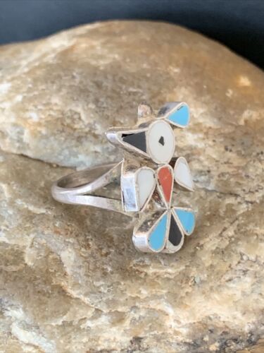 Zuni Peyote Bird Ring | Sterling Silver Coral Turquoise Onyx Mother of Pearl Inlay | Sz 5.5 | 10790