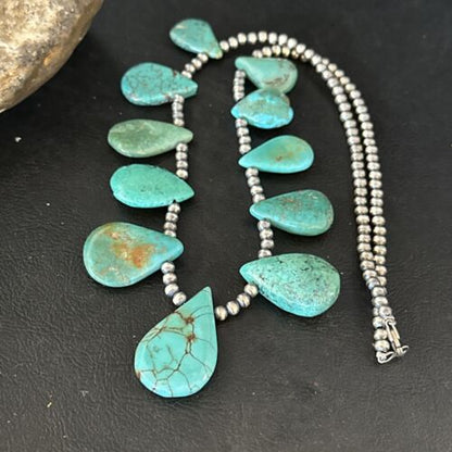 Navajo Teardrop Blue Turquoise Necklace | Sterling Silver Pearls | Authentic Native American Handmade | 14389