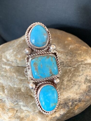 Navajo Blue Turquoise Cluster Ring | Authentic Native American Sterling Silver | Multi-Stone | Sz 10 | 2119